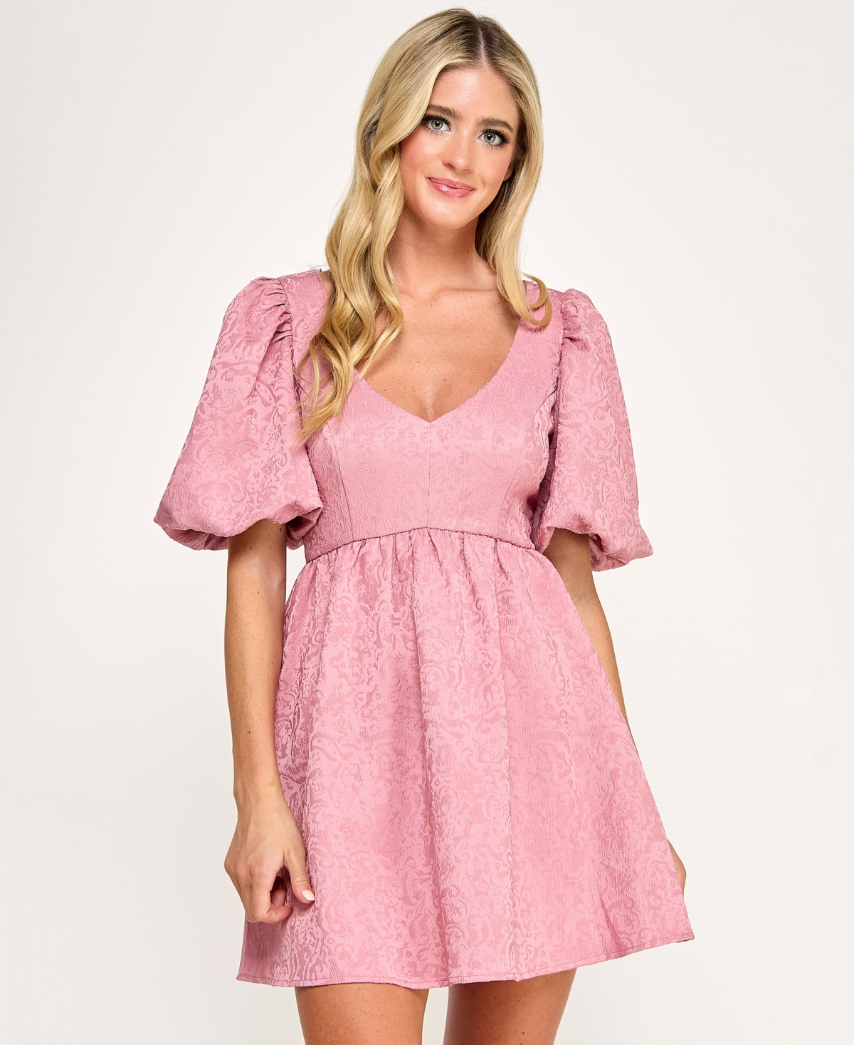 City Studios Juniors' Jacquard Balloon-sleeve Fit & Flare Dress In Pink