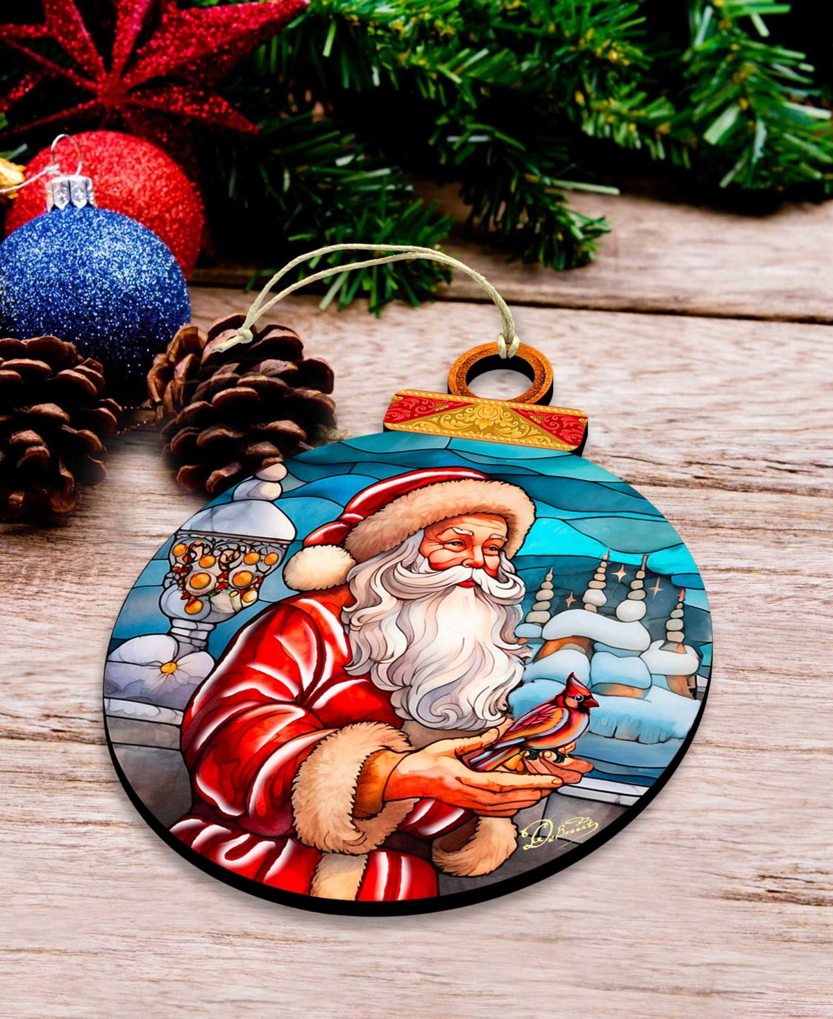 Designocracy Santa With Red Cardinal Wooden Ornament In Multi