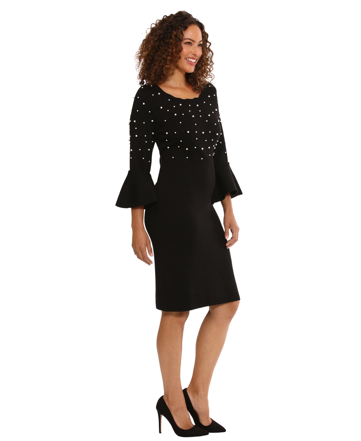 London Times Women's Bell Sleeve Crew Neck Body Con Dress In Black