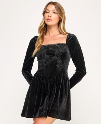 SENI & CADE - Juniors' Velvet Drop Waist Embroidered Pull-On Short Dress