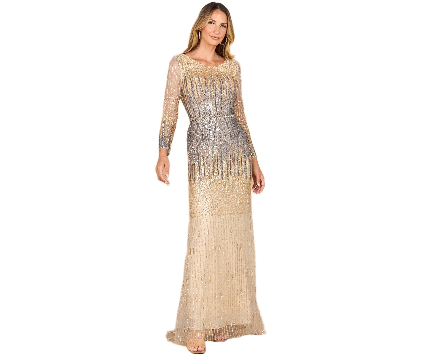 Женские платья Lara Mermaid, Beaded Long Sleeve Gown, цвет: Золотой графитовый — фото 1
