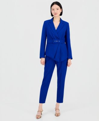 Women's Belted Asymmetrical Jacket & Slim-Fit Pantsuit Set