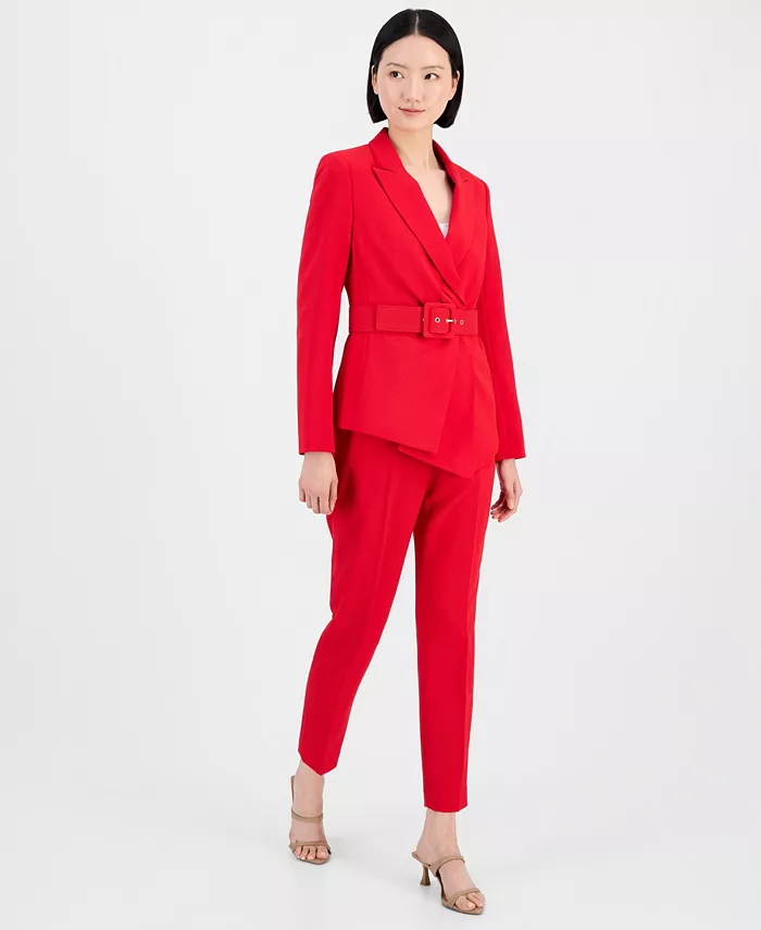 Women's Belted Asymmetrical Jacket & Slim-Fit Pantsuit Set