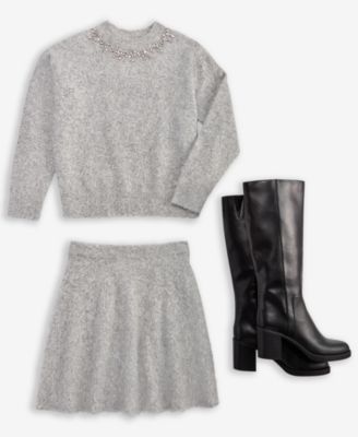 On 34th Womens Embellished Brushed Crewneck Sweater Mini Skirt Macys Exclusive In Gray