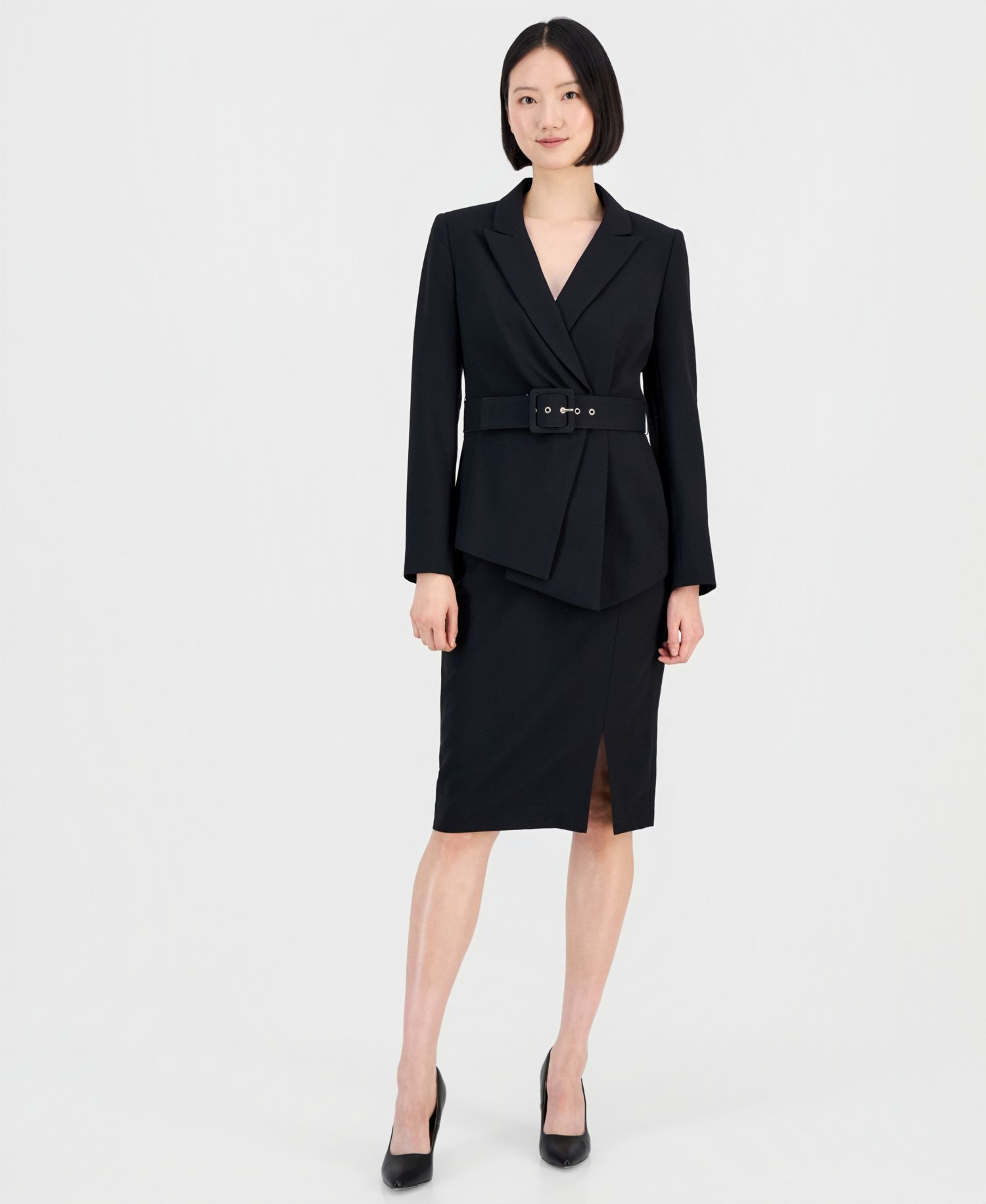 Women's Asymmetrical Belted Jacket & Pencil Skirt Suit Set