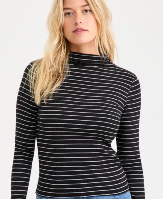 Women's Knit Long-Sleeve Funnel-Neck Lurex Striped Top