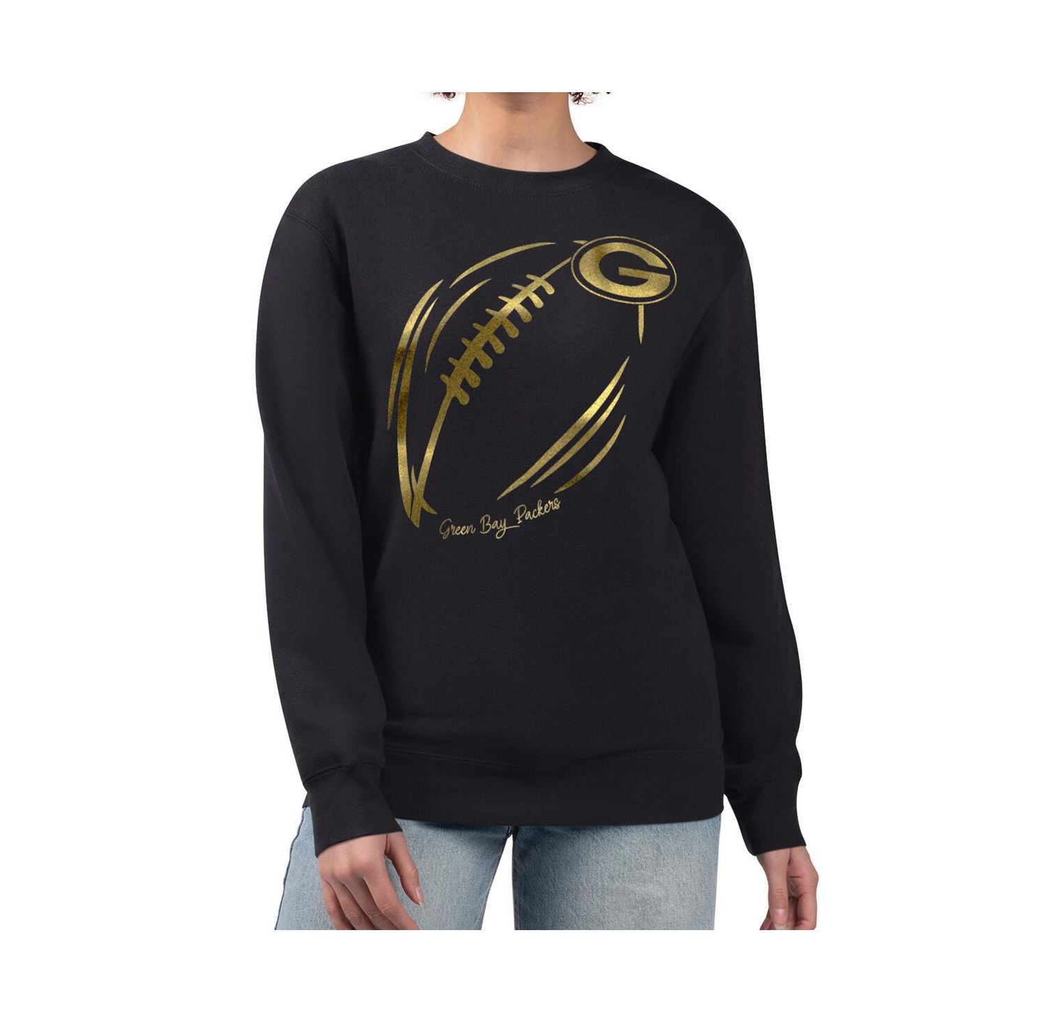 Women's Black/Gold Green Bay Packers Metallic Print Football Sketch Fleece Crewneck Sweatshirt