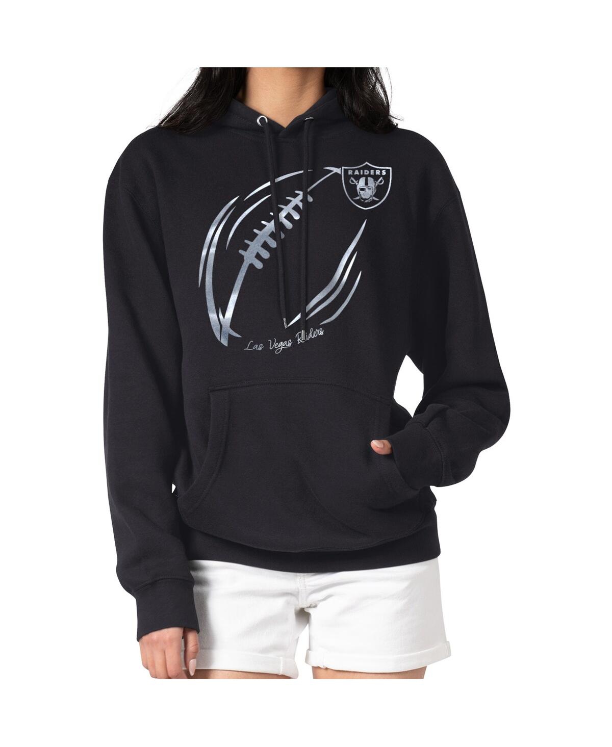 G-iii 4her By Carl Banks Women's Black/silver Las Vegas Raiders Metallic Print Football Sketch Fleece Pullover Hoodie In Black