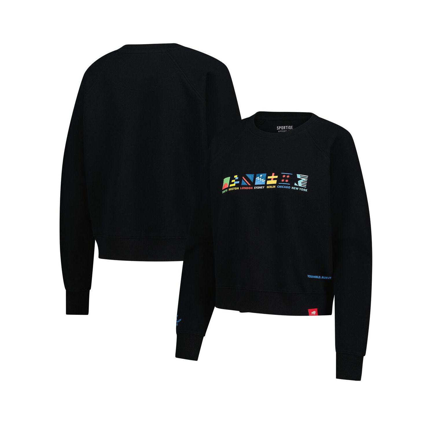 Women's Black Abbott World Marathon Majors Ashlyn French Terry Raglan Crewneck Sweatshirt