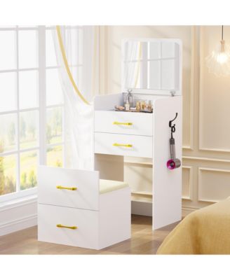 3-in-1 Vanity Desk with Flip Mirror, Glass Top, 3 Drawers