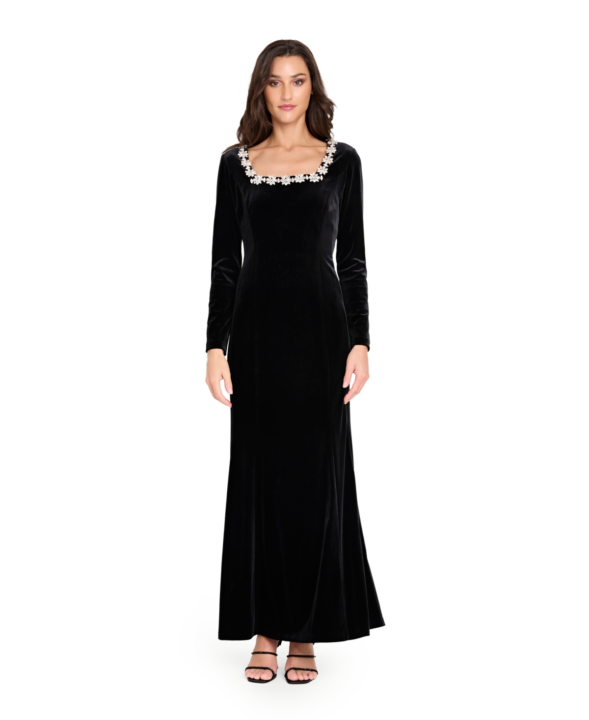 Tahari Asl Women's Rhinestone Square Neck Long Sleeve Velvet Gown In Black
