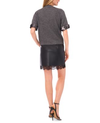 Women's Mock Neck Sequin Cuff Short Sleeve Sweater