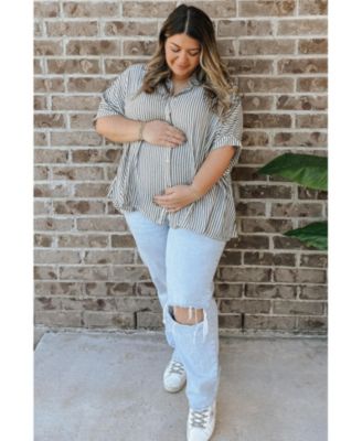 Maternity Taupe Striped Button Up Dolman Top