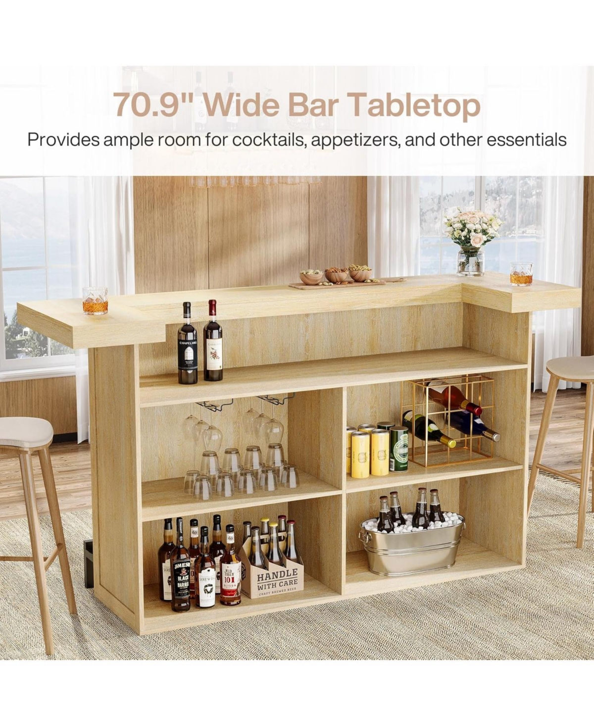 Tribesigns 4-Tier Bar Table, 70.9-Inch Large Modern Home Bar Unit with Wine Glass Holder and Black Footrest, Oak