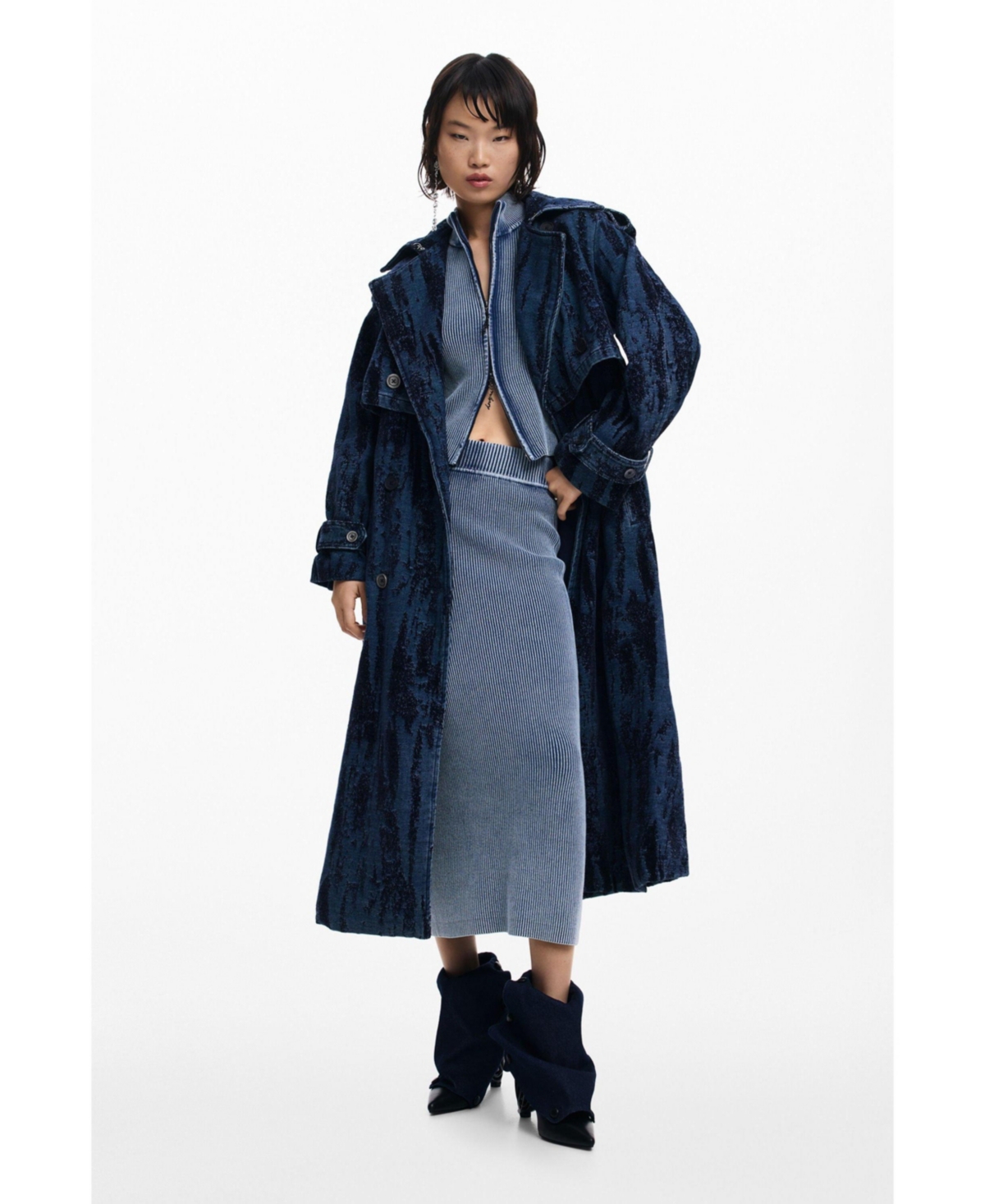 Desigual Women's Degraded Denim Trench Coat In Blue