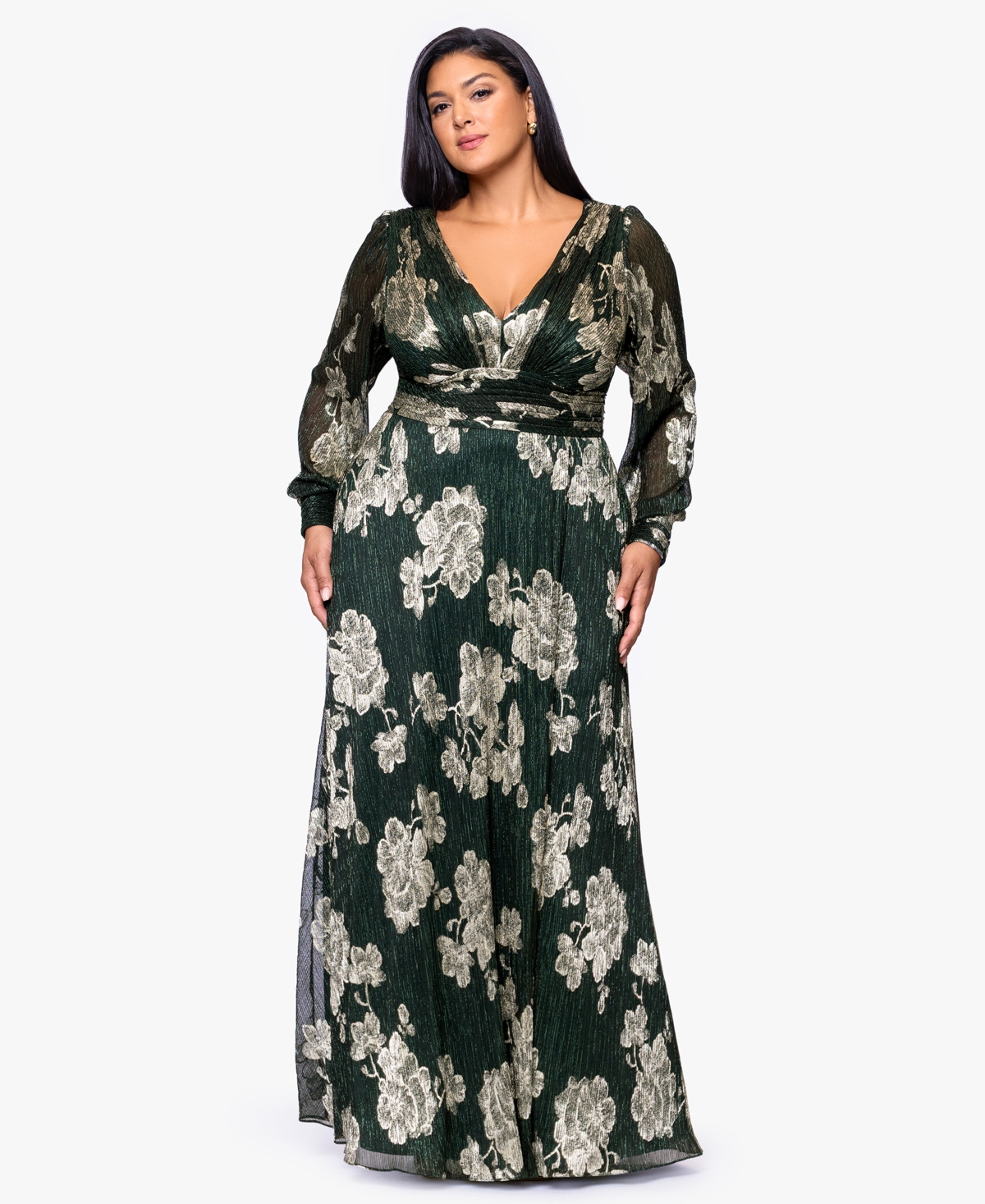 Betsy & Adam Plus Size Crinkle Foil Long Sleeves Dress In Green