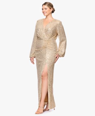 Plus Size Sequin V-Neck Long Bell Sleeve Gown