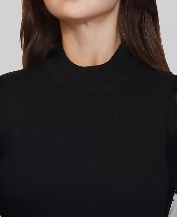 Junior's Flocked Flower Mock Neck Sweater Dress - thumbnail 3