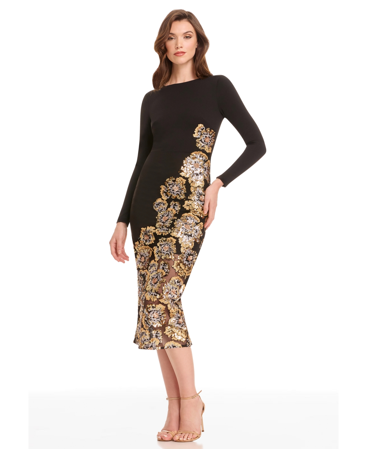 Dress The Population Mara Sequin Long Sleeve Midi Dress In Black