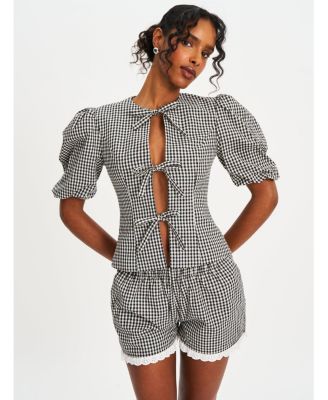 Women's Qusayla Black Gingham Bubble Sleeve Bowtie Top