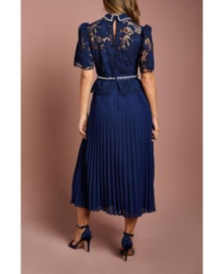 Women's Lace Top Pleat Skirt Jewel Button Dress