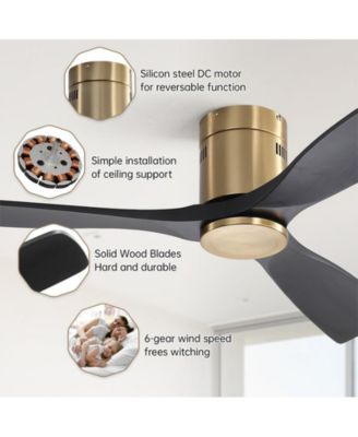 52-inch Modern Golden Sliver 3 Solid Wood Blade Ceiling Fan with 6-speed Remote Control and Forward Reverse Rotation Function for Indoor