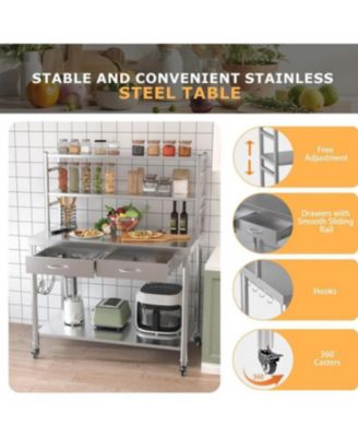 48"x24" 201 Stainless Steel 2 Shelves, 2 Drawers, 1700 lb Capacity, Locking Wheels Commercial Prep Table