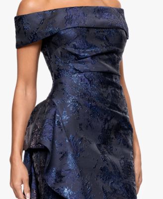 Petite Off-The-Shoulder Brocade Ruffle Gown
