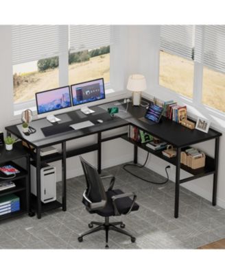 47.2'' MDF, Metal L-Shaped Desk with Power Outlet and Shelf, Reversible Desk