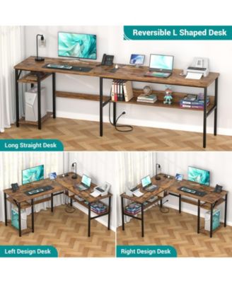 47.2'' MDF, Metal L-Shaped Desk with Power Outlet and Shelf, Reversible Desk
