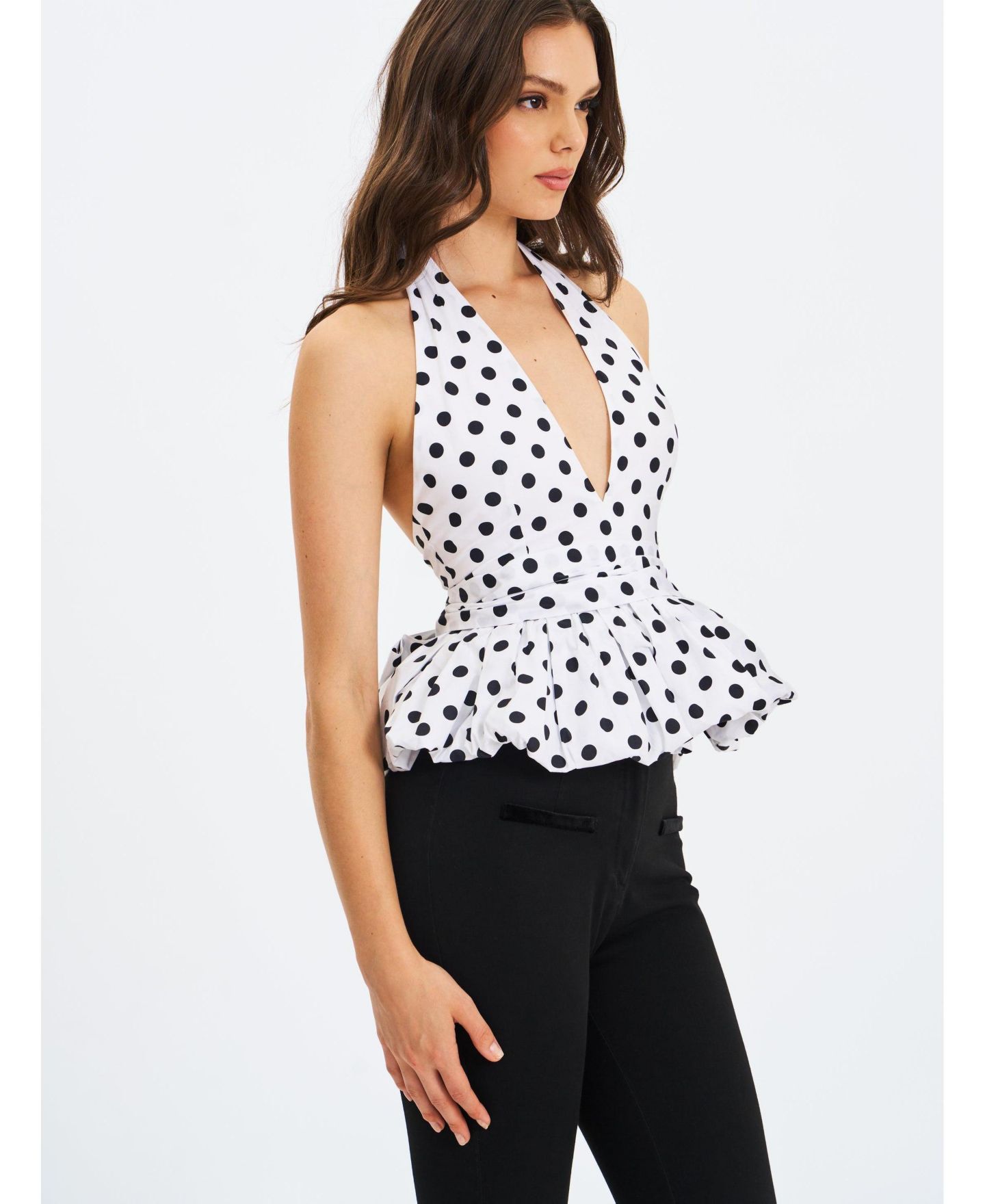 Женский топ Miss Circle Ilene White and Black Polka Dot Bubble Hem Halter, цвет: В горошек — фото 5