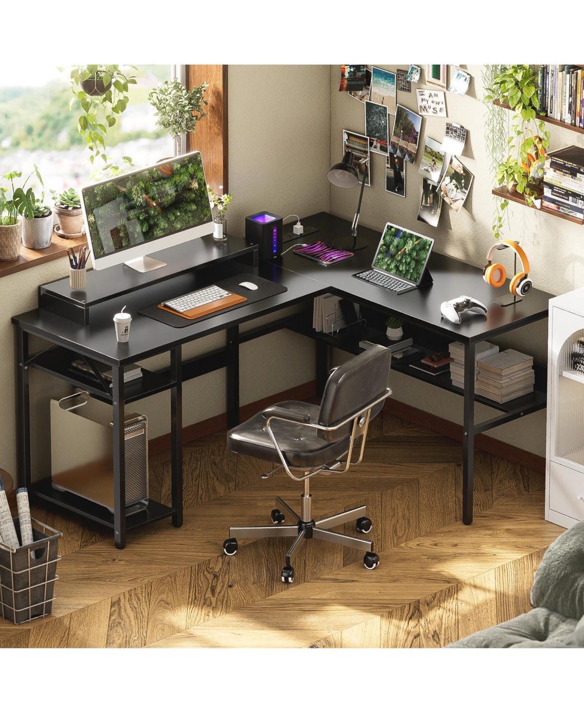 Reversible L Shaped Computer Desk with Power Outlets and Monitor Stand, Sturdy & Easy Assembly