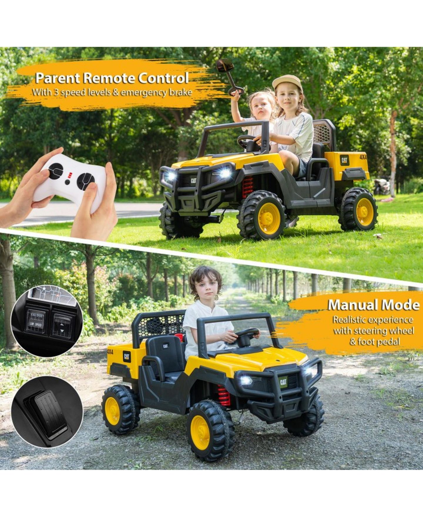 Детская игрушка SUGIFT 24V Ride On Dump Truck Licensed Caterpillar 2-Seater Kids Car with Remote Control, цвет: Жёлтый — фото 8