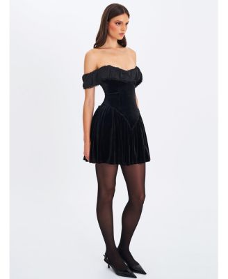 Women's Daisha Black Lace Trimmed Off-Shoulder Ruched Mini Dress