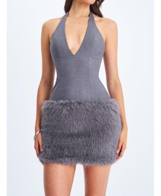 Women's Daisy Grey Drop Waist Fur Trim Halter Mini Dress
