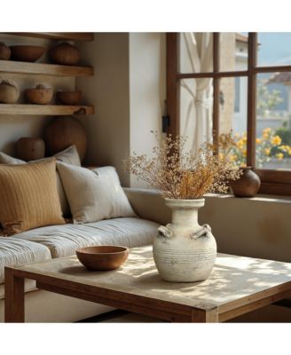 Rustic Off-White with Gray 10.2-Inch Tall Terracotta Urn Vase