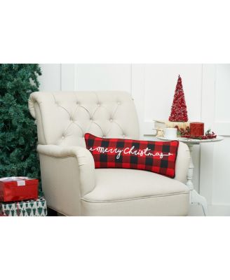 Plaid Checkered "Merry Christmas" Embroidered Cotton Blend Mini Accent Pillow 9" x 22"