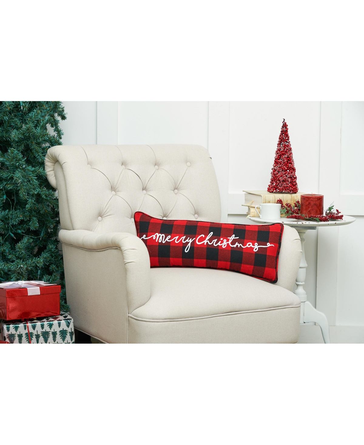 C&F Home Plaid Checkered "Merry Christmas" Embroidered Cotton Blend Mini Accent Pillow 9" x 22"