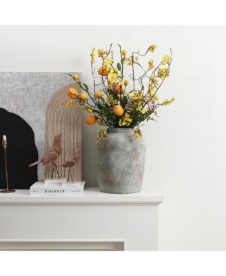 Rustic Old-World Gray with Brown 13.4-Inch Tall Round Terracotta Jug Vase with Handles