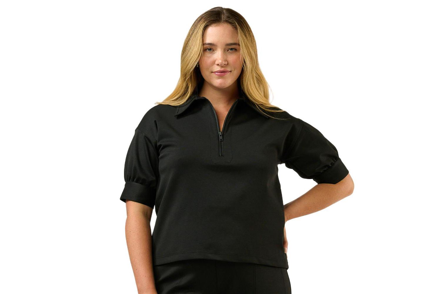 Plus Size Jolene Ponte Collared Zip-Up Short Sleeve Top