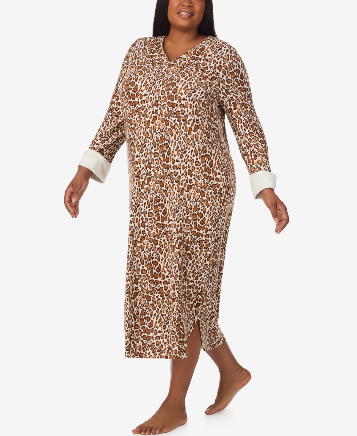 Ellen Tracy Plus Size Printed V-neck Long Gown With Socks In Brown