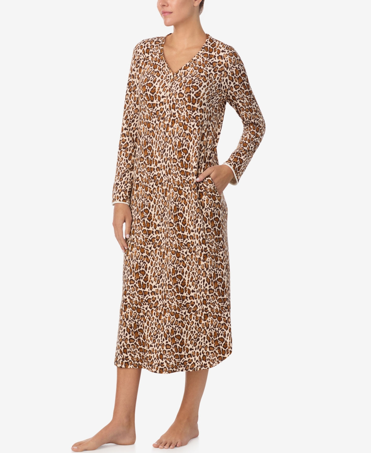 Ellen Tracy Women's Printed V-neck Long Gown With Socks In Brown