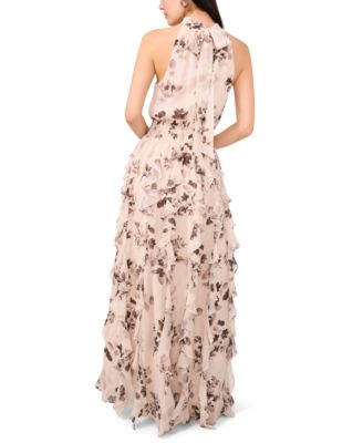 Women's Floral Smocked Cascade-Ruffle Halter Maxi Dress
