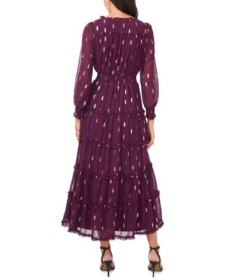 Women's Long Sleeve Smocked Waist Tiered Midi Dress