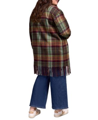 Plus Size Brushed Plaid Fringe-Hem Button-Front Shirt Jacket