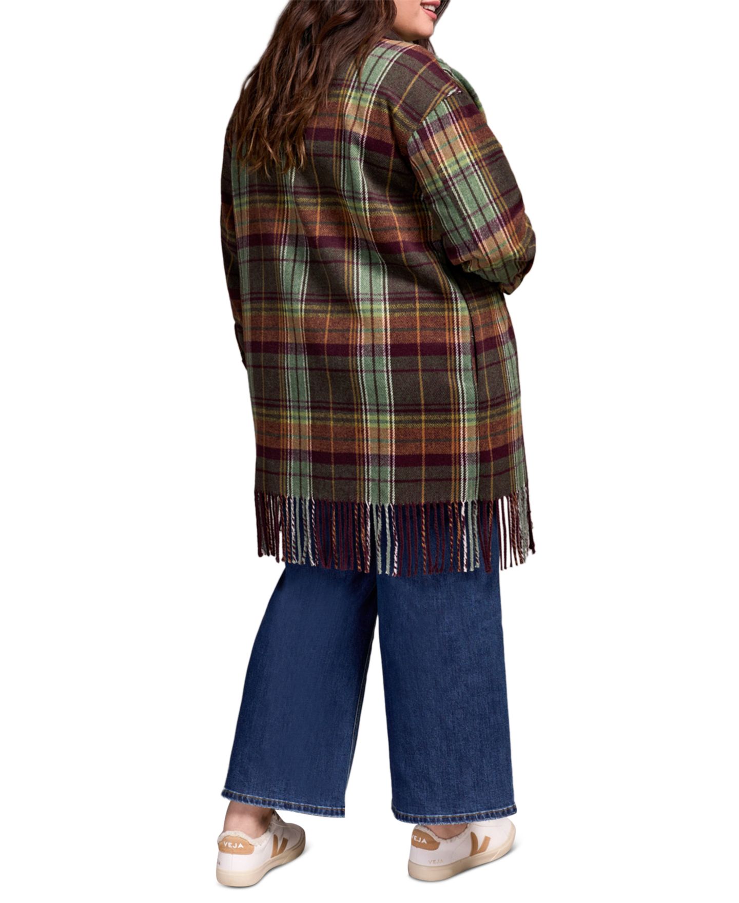 Женская куртка TRIBAL Plus Size Brushed Plaid Fringe-Hem Button-Front Shirt Jacket, цвет: Сливовый — фото 3