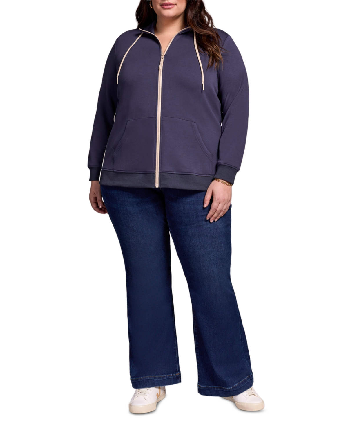 Tribal Plus Size Techno Lux Mock Neck Cardigan Vest Jacket In Blue