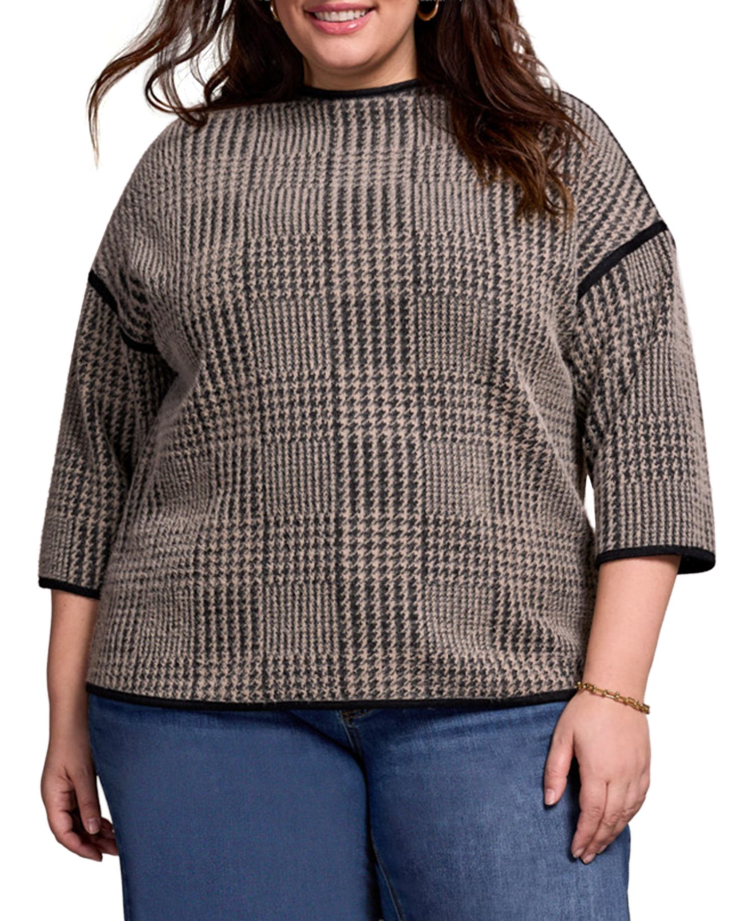 Plus Size 3/4 Sleeve Mock Neck Jacquard Plaid Top