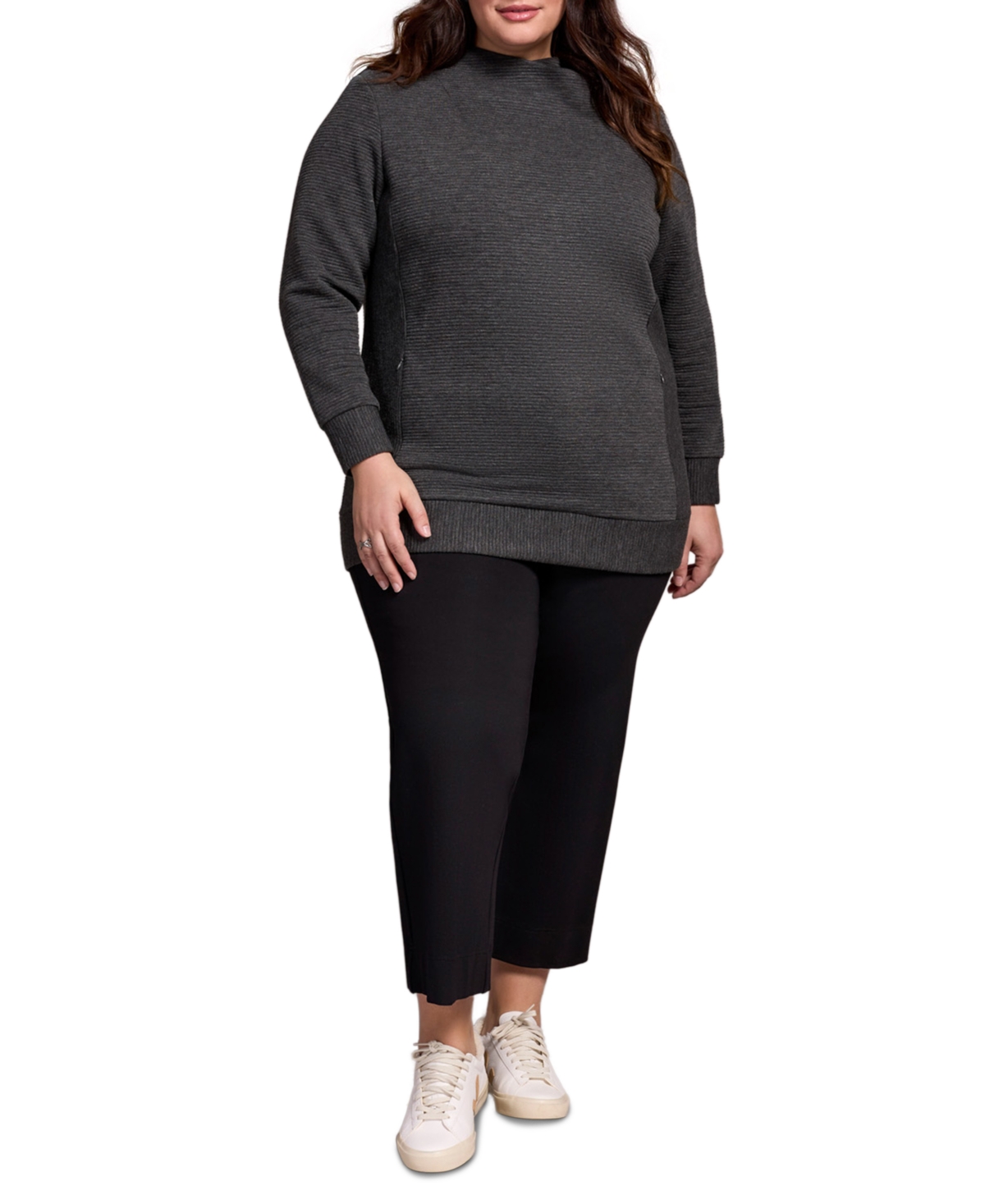 Tribal Plus Size Long-sleeve Knit Tunic Sweater In Gray