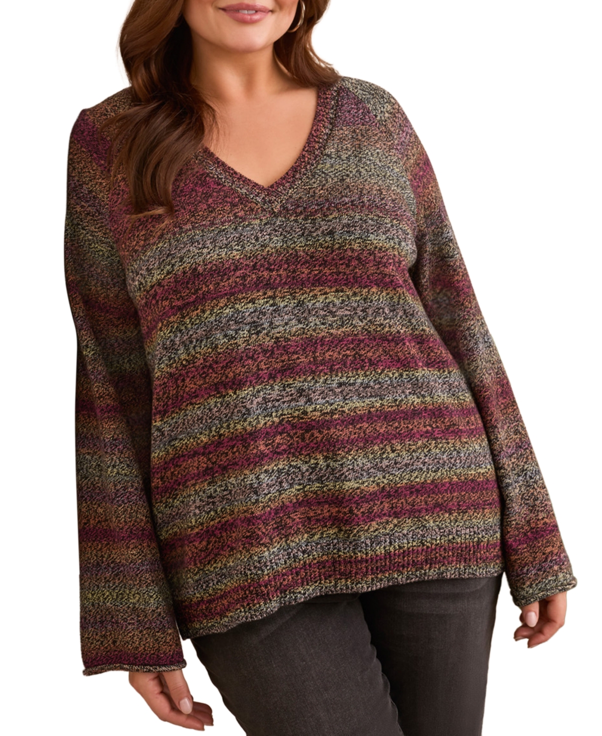 Tribal Plus Size Combed Cotton V-neck Sweater In Multi
